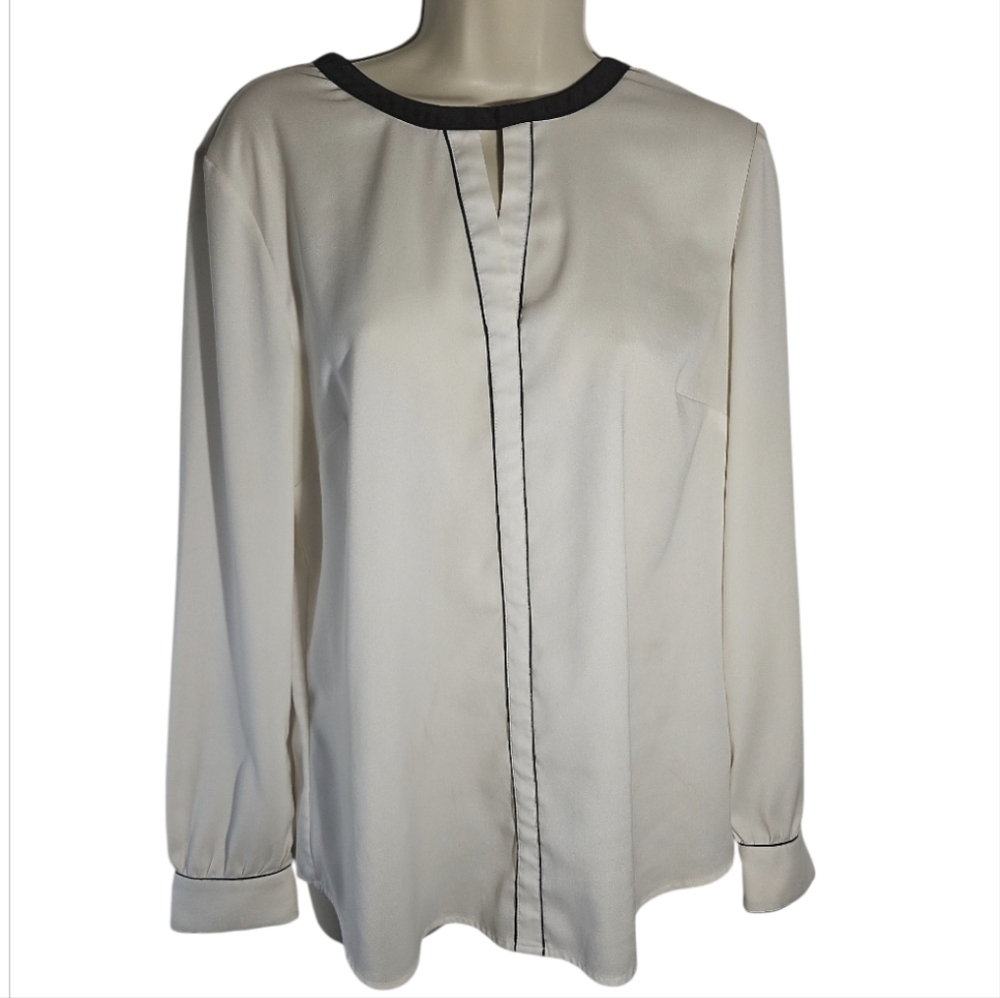 Ann Taylor Beige Black Trim Blouse Size Medium